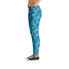 Blue Teal Abstract Mid Rise Leggings