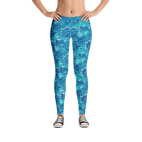 Blue Teal Abstract Mid Rise Leggings